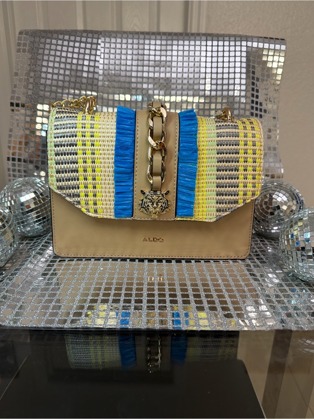 ALDO Beige Shoulder Bag with Blue and Yellow Raffia Trim